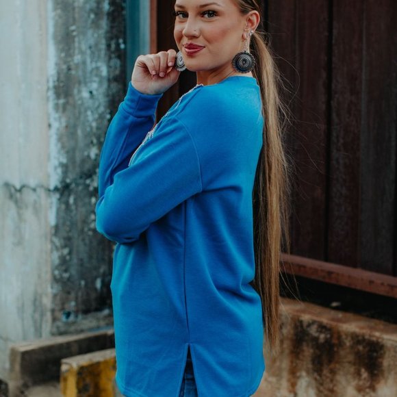 rhinestone Fringe blue sweater by crazytrain NWT - Picture 2 of 3